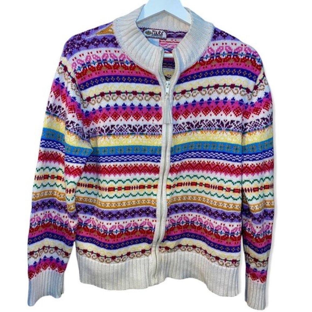 Vintage Cable Knit Multicolored Cardigan Sweater Size Medium